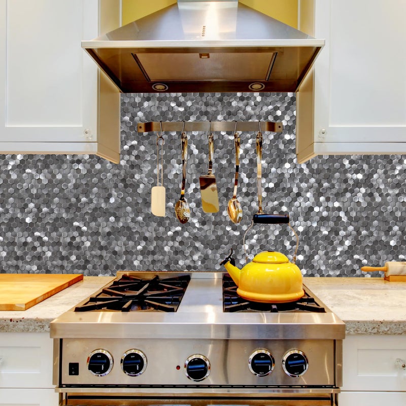 KASARO Kitchen Backsplash Peel and Stick Tiles, Hexagon Penny Metal Mosaic Tiles, 8 Pieces 3D Self Adhesive Wall Tiles Decorative for Living Room, Bathroom, Fireplace, 12â€x12â€, Gray - Image 5